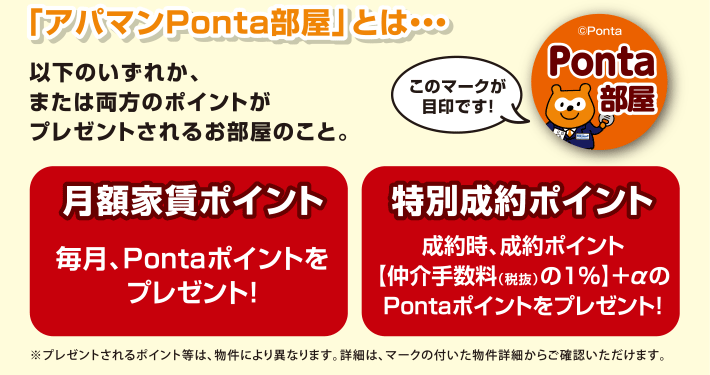 「アパマンPonta部屋とは、月額家賃ポイント、特別成約ポイントのいずれか、または両方のポイントがプレゼントされるお部屋のこと。