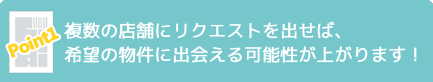 Point1 複数の店舗にリクエストを出せば、希望の物件に出会える可能性が上がります！